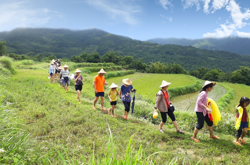 參加踏察活動的社員換上指定拖鞋到休耕的水梯田巡看，此舉可避免外地鞋子帶來的汙染。走入里山。狸和禾小穀倉。和禾水梯田。和夥人計劃。里山倡議。人禾基金會。人禾環境倫理發展基金會。