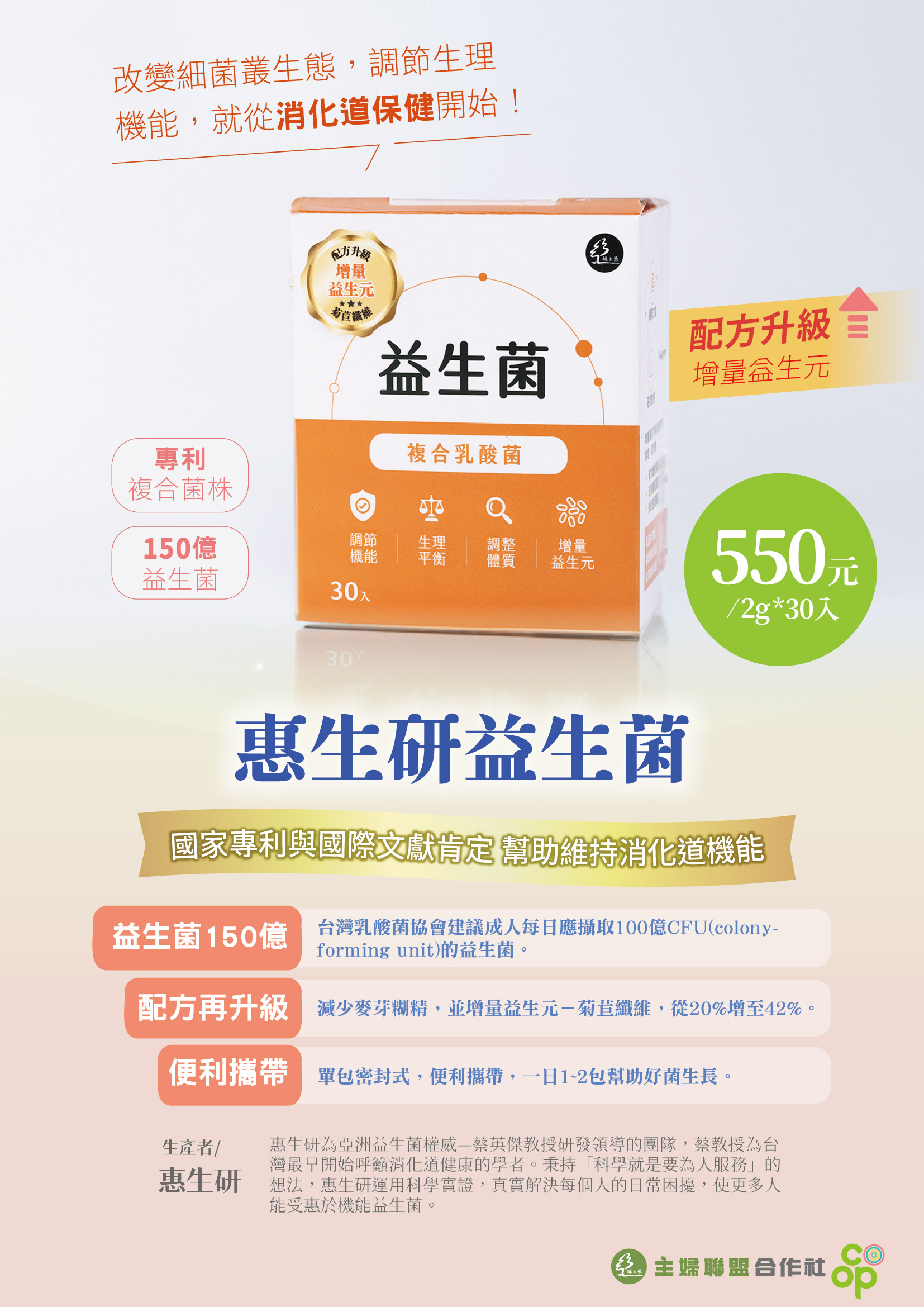 國家專利肯定—惠生研益生菌 - 台灣主婦聯盟生活消費合作社